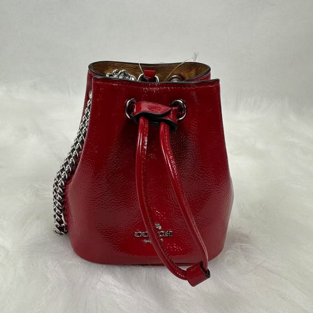 Coach Drawstring Wristlet Pouch Bag in Leather/Silver /Red CZ028 NEW
